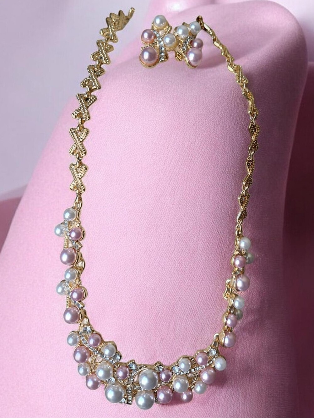 Gold Pearl Cluster Necklace & Earring Set